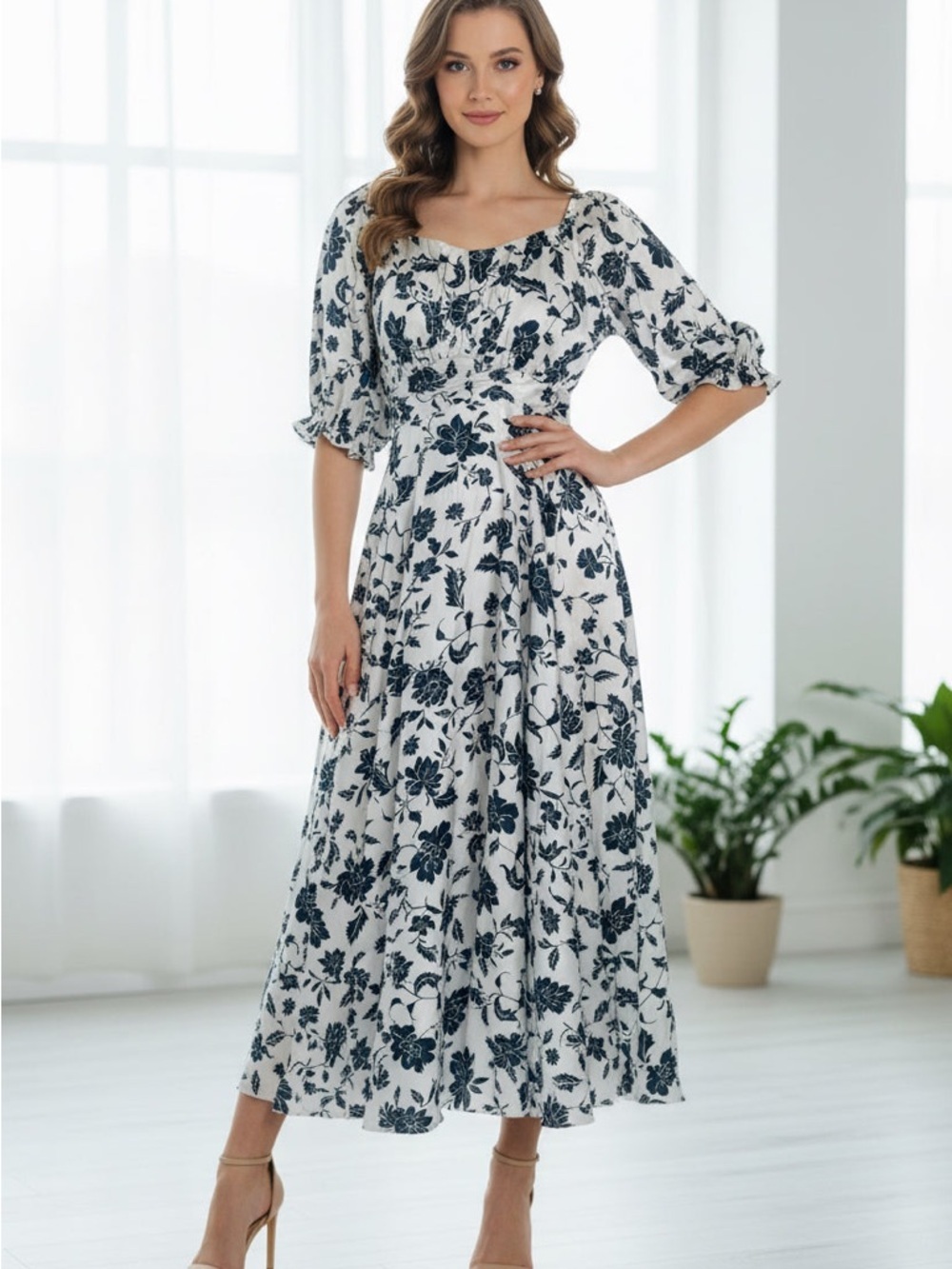 Black Floral Puff-Sleeve White Maxi Dress